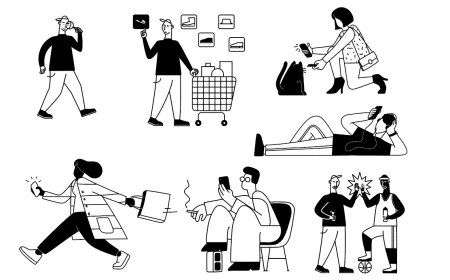 Over 20 Black and white vector illustrations of men and women, featuring lively depictions of everyday life