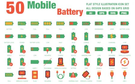 50 Mobile Battery Flat Style Icons