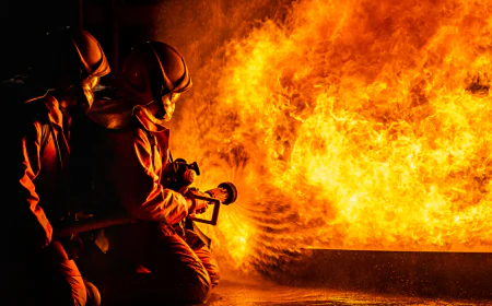 2 Firefighters using twirl water fog type fire extinguisher fighting with fire flame from oil control fire photo