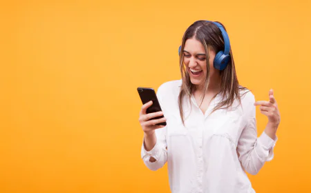 3 photos of woman listening to music and using mobile phone