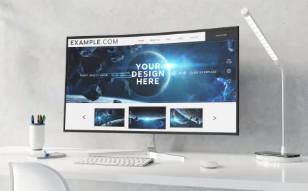 Curved Monitor on White Desktop Interior Mockup free download