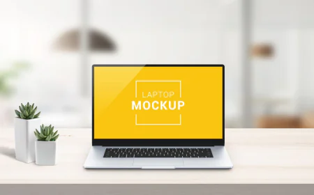 Laptop mockup on work desk free download