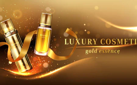 Luxury cosmetic products with golden glitter ribbon