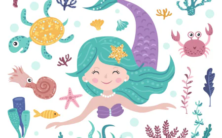 Set of cute mermaid, seaweeds and marine inhabitants free download