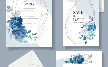 Wedding invitation template set with beautiful blue floral bouquet and border decoration