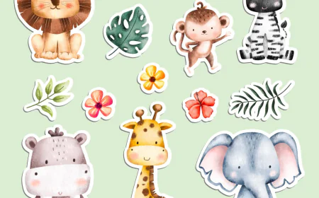 Watercolor Safari animals and leaves sticker vector free download