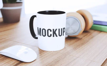 Cup on desk mock up free download