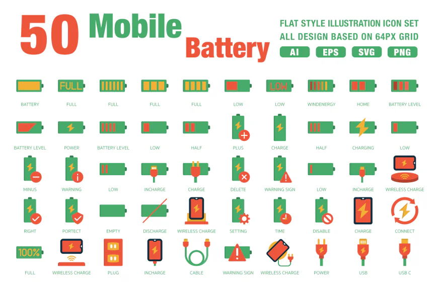 50 Mobile Battery Flat Style Icons