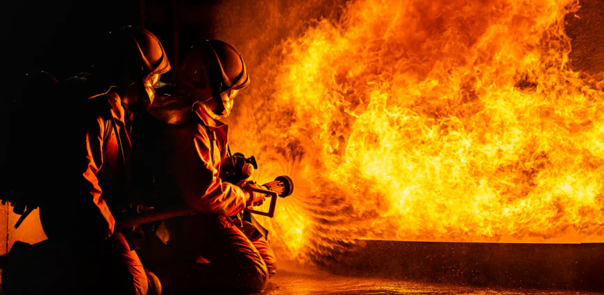 2 Firefighters using twirl water fog type fire extinguisher fighting with fire flame from oil control fire photo