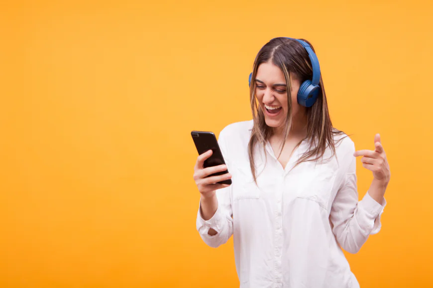 3 photos of woman listening to music and using mobile phone
