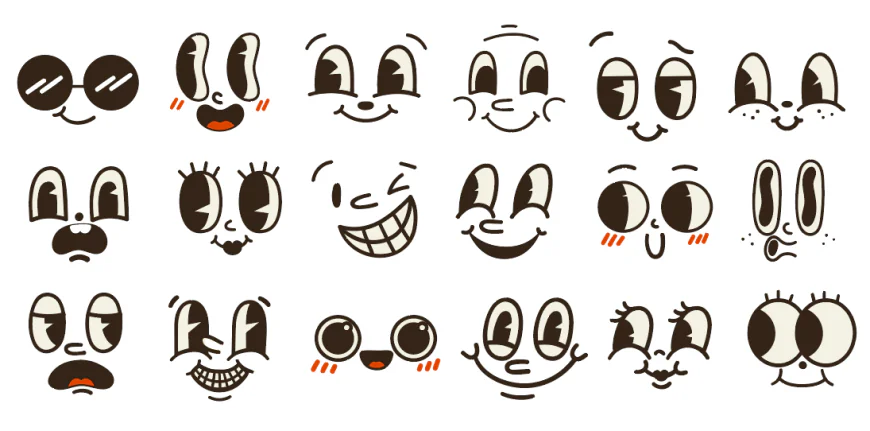 Vintage expression faces. Retro characters. Happy 50s mascot with eyes and mouth vector illustration free download