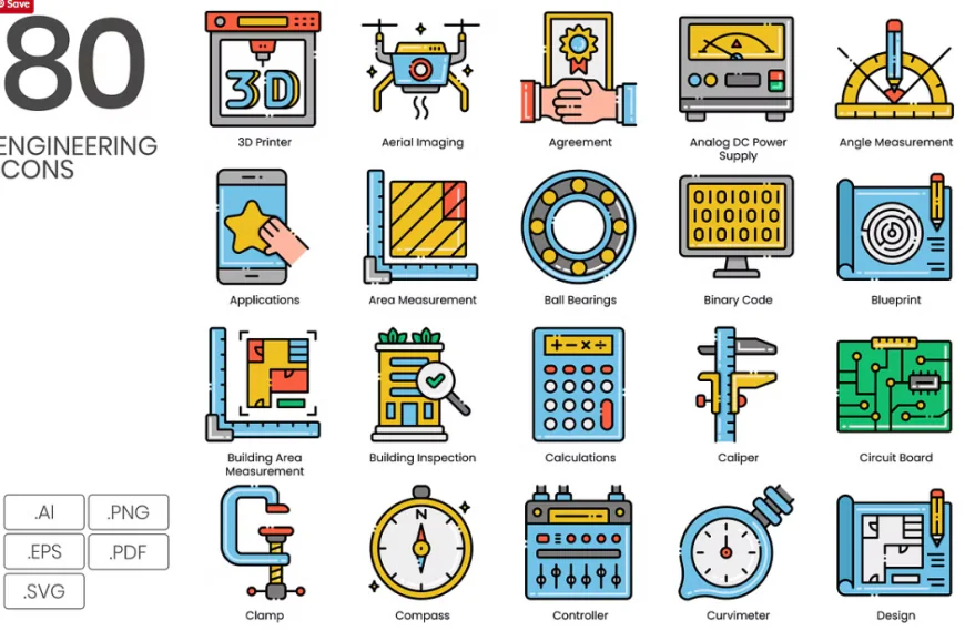 80 engineering technology line icons free download