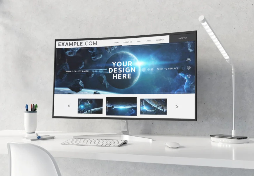 Curved Monitor on White Desktop Interior Mockup free download