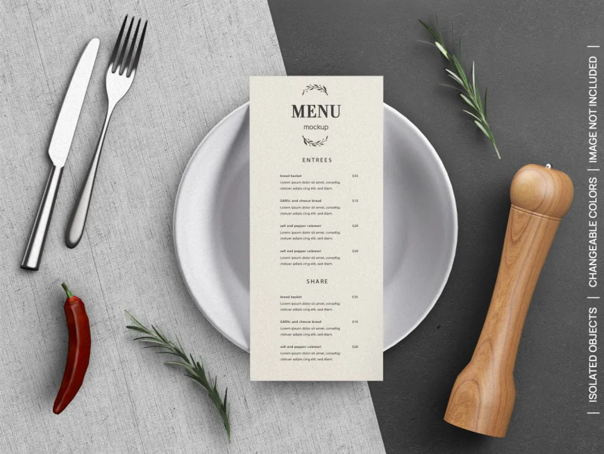 Restaurant food menu flyer card concept mockup with tableware free download