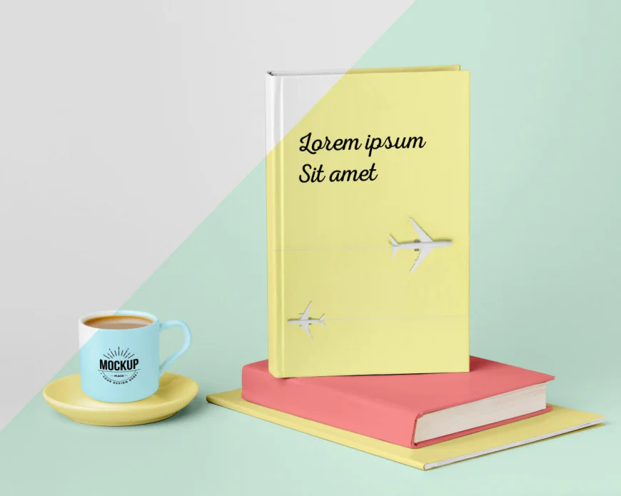 Book cover mock-up assortment with cup of coffee free download