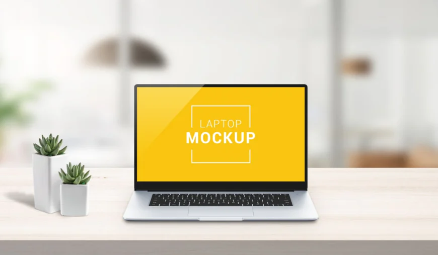 Laptop mockup on work desk free download