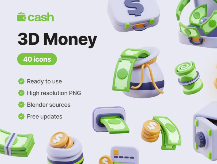 40 High quality Cash - Money 3D Icons set free download