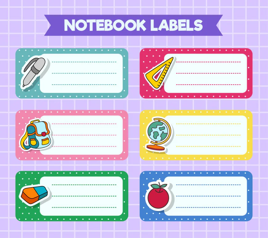 Notebook labels. icons of school subjects. colorful design free download