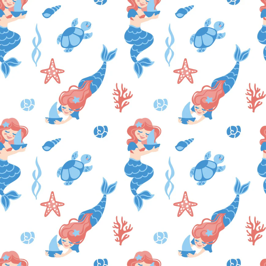 Mermaid with a seashell bra and tail Seamless Vector Pattern