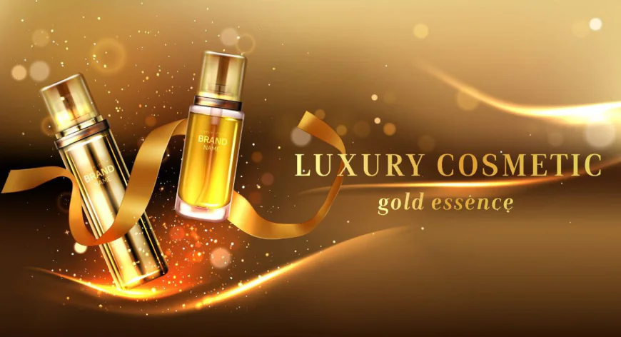 Luxury cosmetic products with golden glitter ribbon
