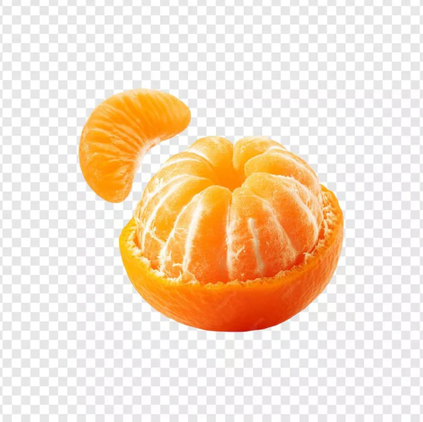 Peeled Mandarin orange fruit with slice isolated on transparent