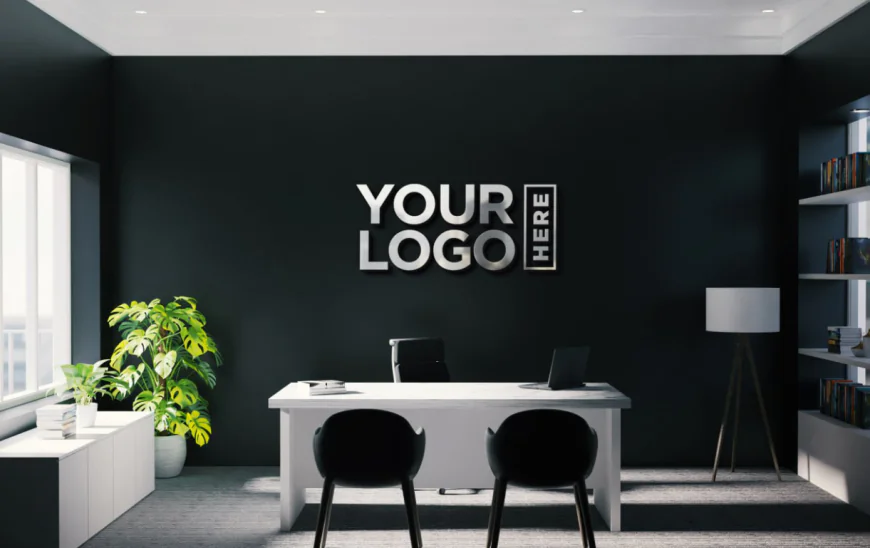 A black wall with a sign that says your logo here PSD