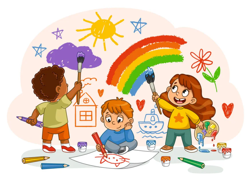 Cute kids painting rainbow on white board stock illustration