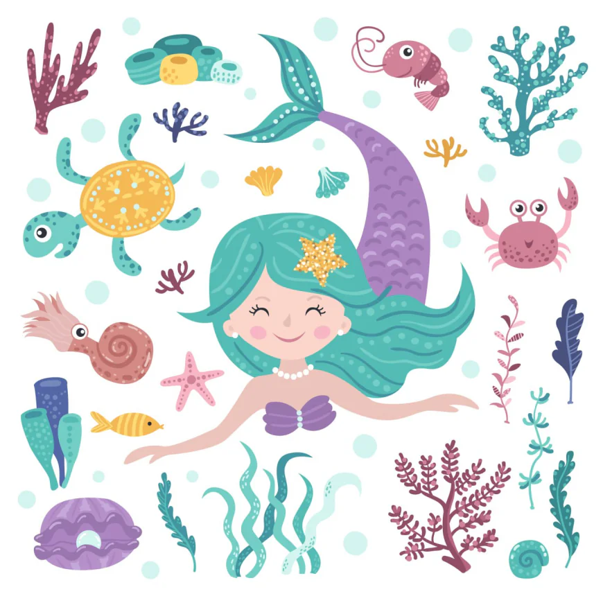Set of cute mermaid, seaweeds and marine inhabitants free download