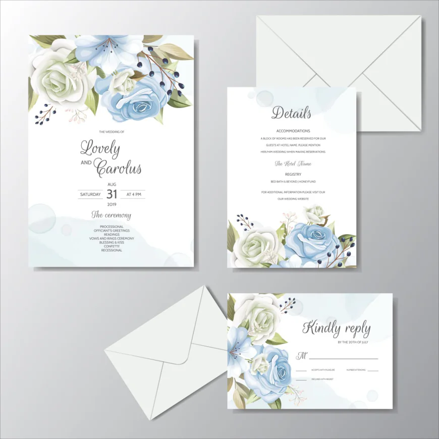 Beautiful Floral Wedding Invitation with Blooming Roses and Green Leaves