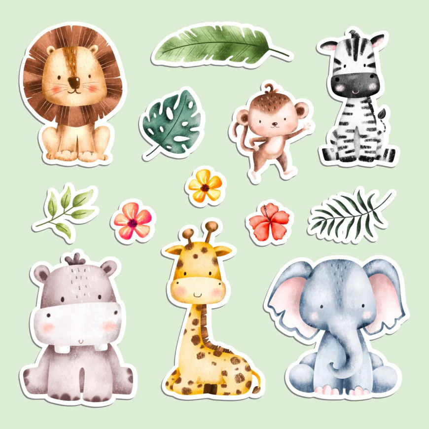 Watercolor Safari animals and leaves sticker vector free download