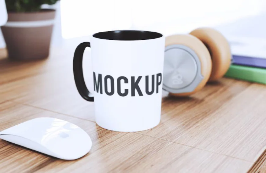 Cup on desk mock up free download